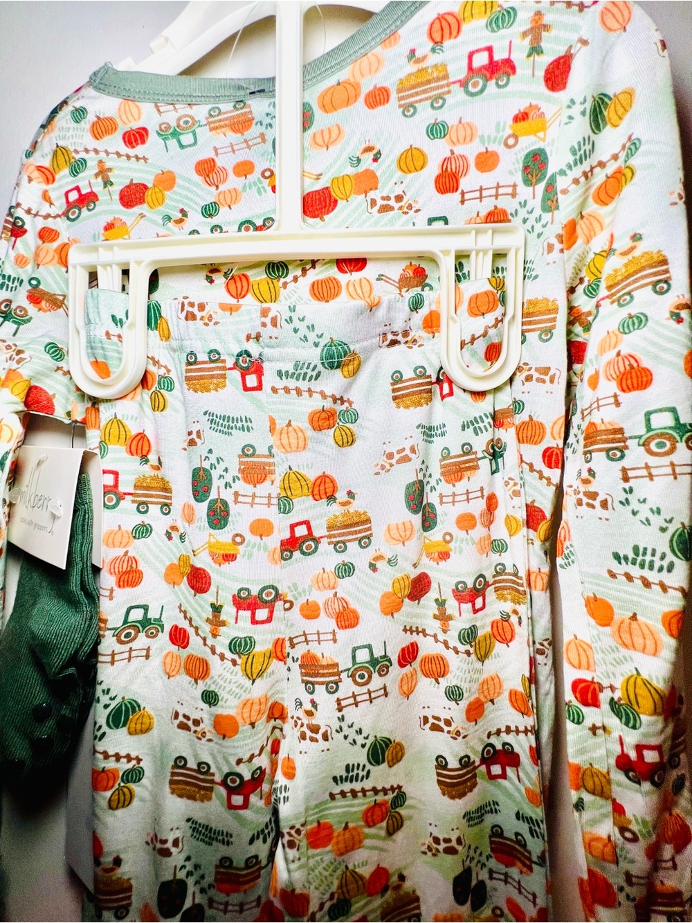 Kids 4T Pumpkin Harvest Pajama Set & Socks Green & Orange Rayon from Bamboo - Picture 2 of 13